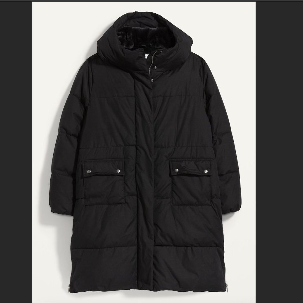 Old Navy Black Faux-Fur Lined Hooded Long Puffer Coat for Women